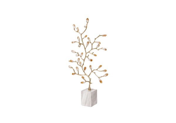 Árbol de Metal Dorado con Piedritas y Base Mármol Blanco