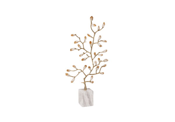 Árbol de Metal Dorado con Piedritas y Base Mármol Blanco