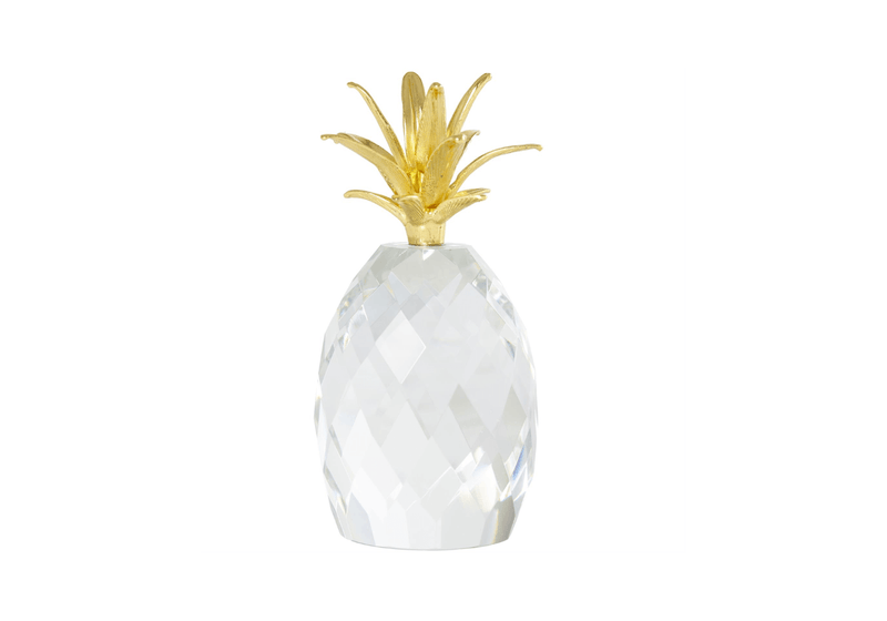 Piña de Cristal Transparente Facetado con Hojas Doradas