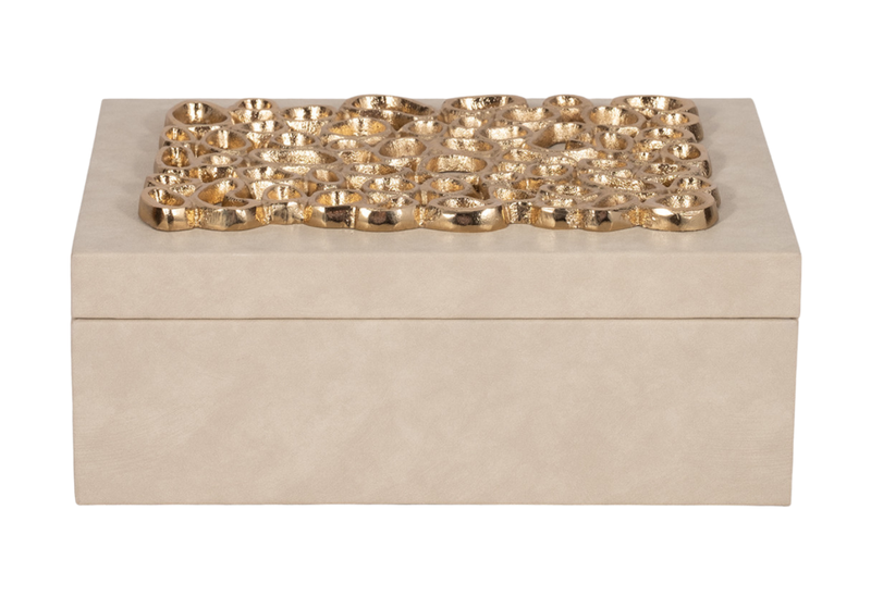 Caja Rectangular Vinipiel Beige con Detalle Dorado en Tapa