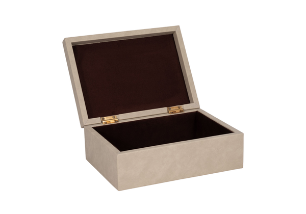 Caja Rectangular Vinipiel Beige con Detalle Dorado en Tapa