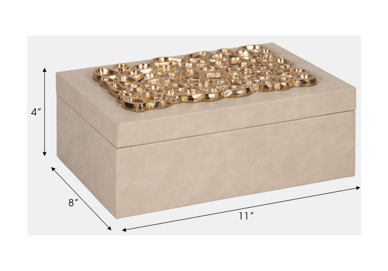 Caja Rectangular Vinipiel Beige con Detalle Dorado en Tapa