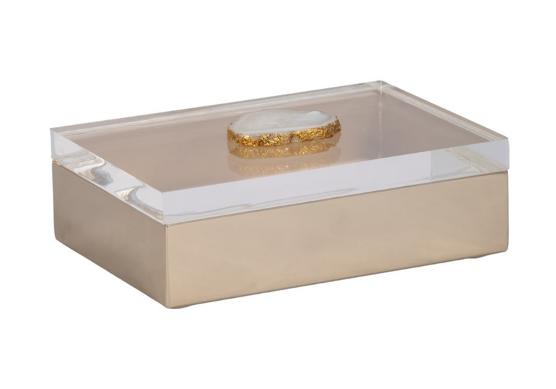 Caja de Metal Dorado con Tapa Acrílica y Asa de Ágata