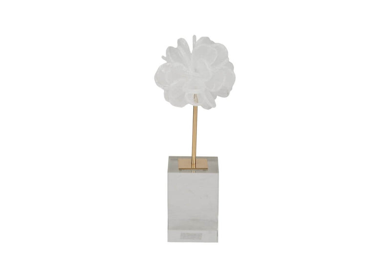 Escultura Flor de Cuarzo Blanco con Base de Cristal