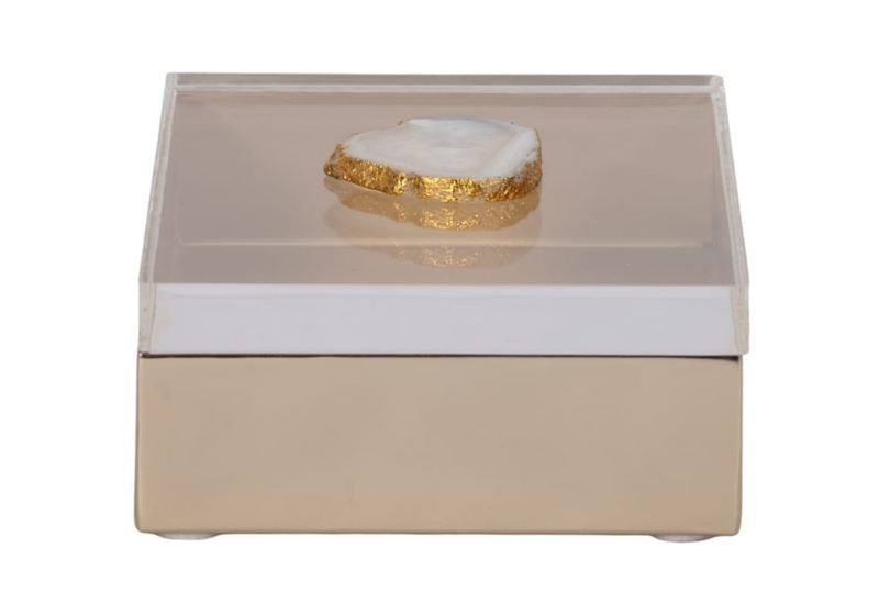 Caja de Metal Dorado con Tapa Acrílica y Asa de Ágata