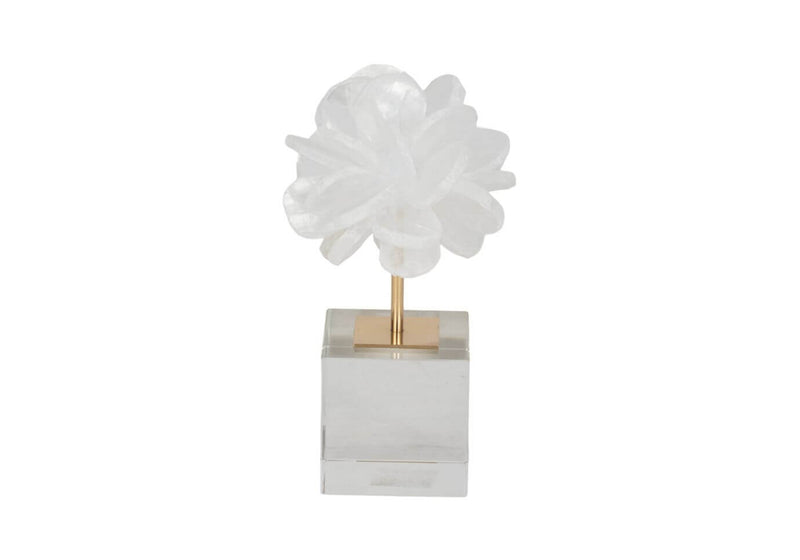 Escultura Flor de Cuarzo Blanco con Base de Cristal