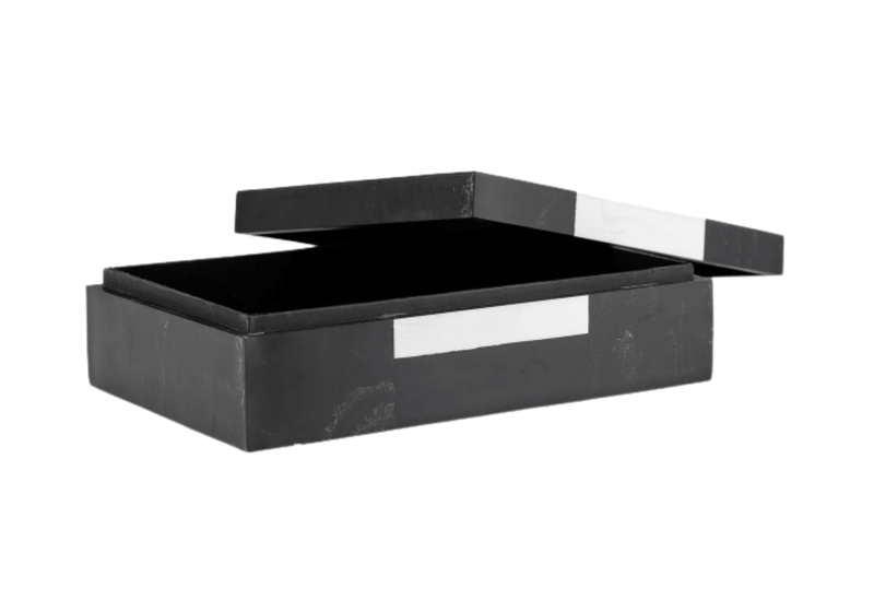 Caja Rectangular de Resina Negra con Detalles en Blanco