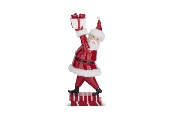 Santa sobre Chimenea con Regalo en Manos de Resina Rojo/Blanco