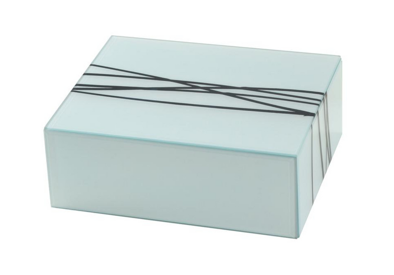 Caja Rectangular de Vidrio Celeste con Detalle de Líneas Negras