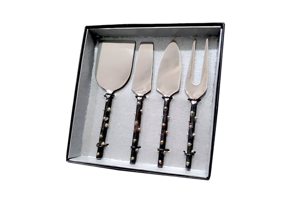 Cubiertos para Queso de Acero Negro y Puntos Dorados - Set de Cuatro