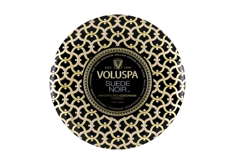 Vela Aromática Voluspa Suede Noir Envase Metálico 12 Oz.